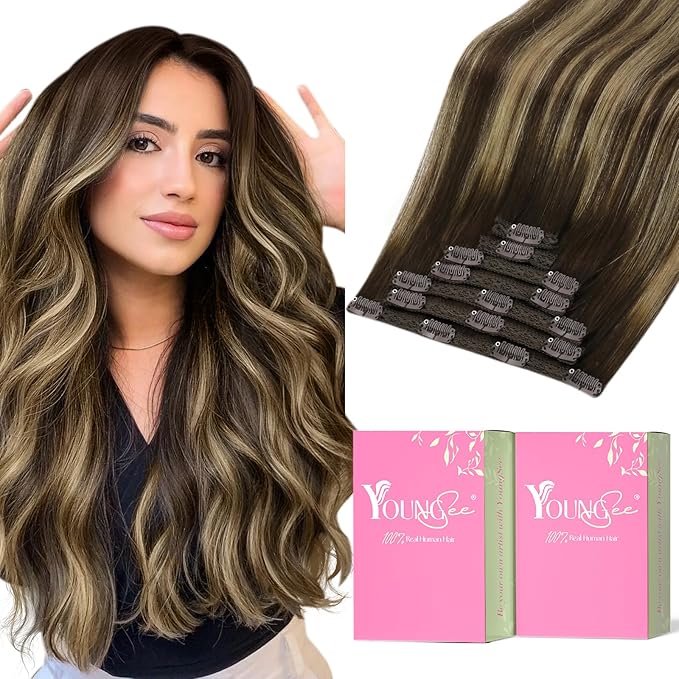 YoungSee Balayage Clip in Hair Extensions Human Hair 12inch Clip on Hair Extensions Dark Brown with Caramel Blonde Balayage Human Hair Clip in Extension for Short Hair Brown Hair Extension 7pcs 80g