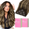YoungSee Clip in Hair Extensions Real Human Hair Balayage Brown Hair Extensions Clip ins Balayage Chocolate Brown Mix Caramel Blonde Clip on Hair Extension Human Hair Silky Straight 120G 18Inch