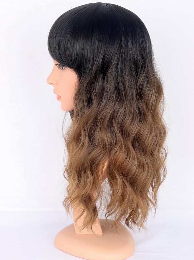 Ombre Brown Wavy Wigs with Bangs for Women - Medium Length Black To Brown Synthetic Wigs for Daily Party Use