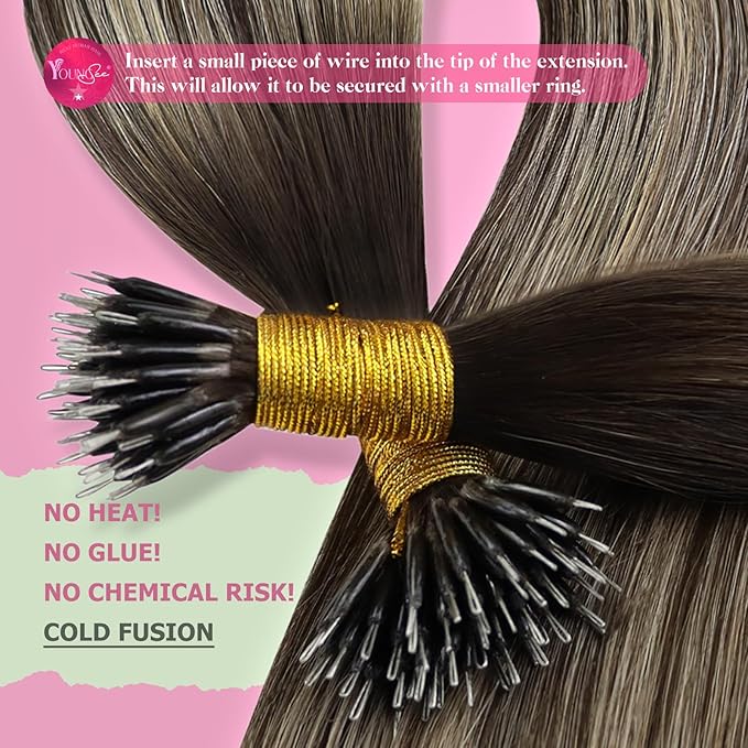YoungSee Brown Nano Hair Extensions 22 inch Hair Extensions Nano Beads Balayage Dark Brown with Ash Blonde Nano Tips Extension Human Hair Ombre for Women Bead Hair Extension Long 1g/s 50g