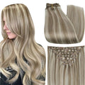 Full Shine Blonde Clip In Hair Extensions, Ash Brown Highlight Blonde Extensions Clip in, Remy Straight Clip in Human Hair for Women,Double Weft 7 Pcs 120 G 16 Inch