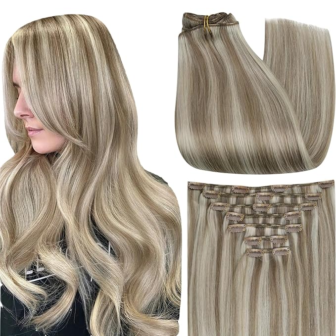 Full Shine Clip in Extension, Ash Blonde Higlight Light Blonde Hair Extensions Real Human Hair, 18 Inch Straight Natural Hair Extensions Clip ins, Double Wefr Add Thickness 7 Pcs 120g