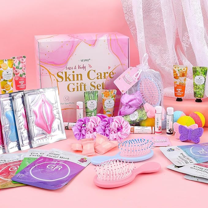 110PCS Spa Party Supplies for Girls Spa Party Favors Include Face Masks Skincare, Hand Cream, Lip Balm, Eye Patches, Lip Mask, Mini Hair Brush, Stocking Stuffers for Teen Girls, Sleepover Party Gifts