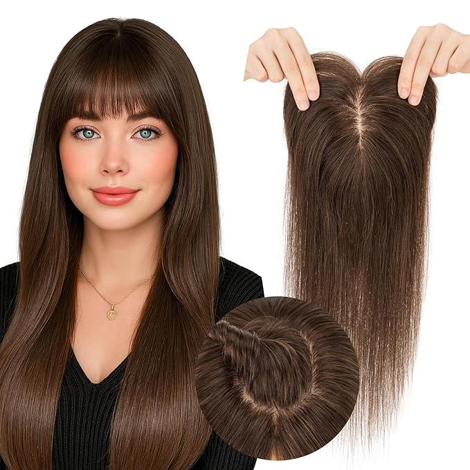 Real Human Hair Toppers for Women 3.54"*4.72" Silky Base 150% Density With Bangs Adjustable Parting Clip-In Topper Hairpieces for Women with Thinning Hair 16 Inches Dark Brown