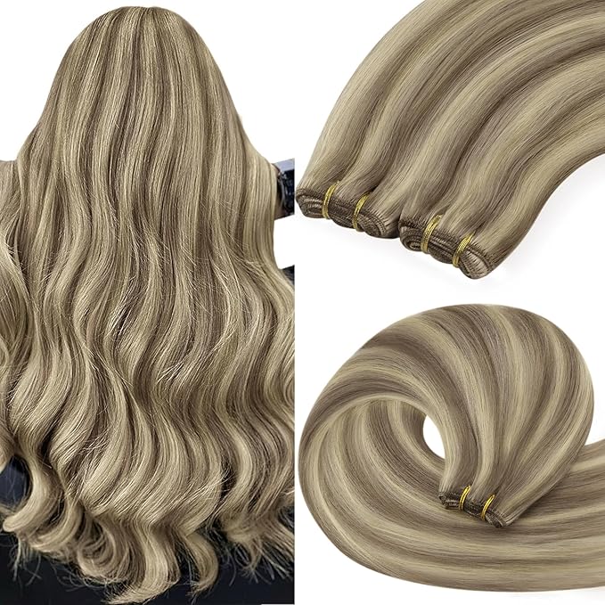 YoungSee Sew in Hair Extensions Real Human Hair Highlight Hair Extensions Weft Light Brown with Blonde Highlight Hand Tied Weft Hair Extensions Human Hair 20Inch 100G