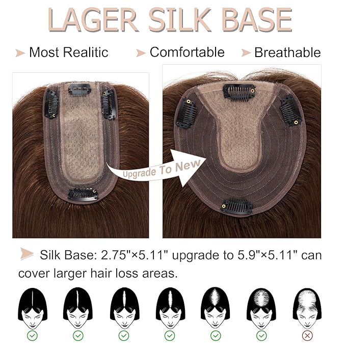 Hair Toppers for Women Real Human Hair No Bangs, 13 * 15 cm Larger Silk Base 150% Density Clip In Topper Hairpieces, Wiglet Top Pieces Add Volume -12 Inch 04 Medium Brown