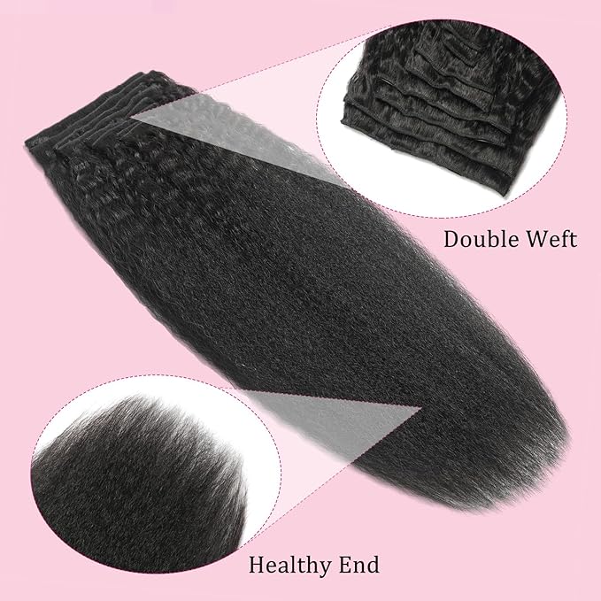 Kinky Straight Clip in Hair Extensions Human Hair Clip in Extensions 110g Clip Ins for Black Women 8Pcs/Pack Double Weft Full Head Natural Black Hair Extensions Human Hair（16Inch）