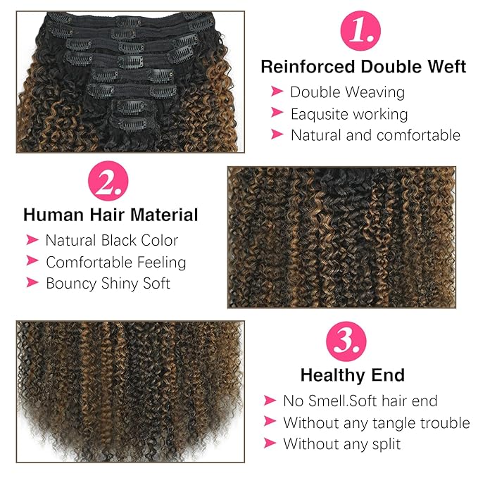 18 Inch Kinky Curly Clip in Hair Extensions Omber T1BP1B/30 Color 3c 4a Kinky Curly Clip ins For Women Brazilian Virgin Hair Clip on Hair Extensions(18inch,T1BP1B/30)