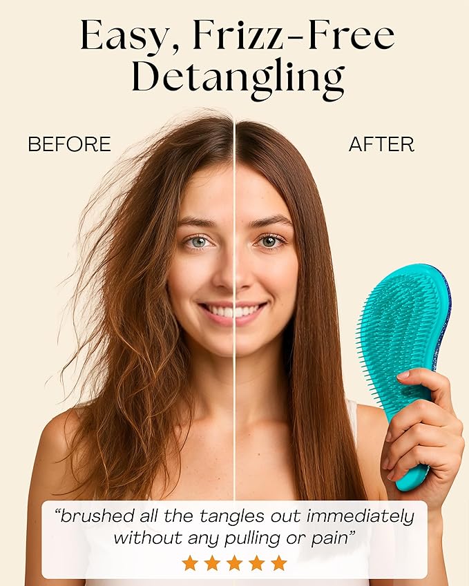 Lily England Detangler Brush & Comb Set - Lightweight Wide Tooth Detangling Tool for Women & Kids - Smooths Curly, Straight, Dry, Fine, & Thick Hair, Blue Glitter