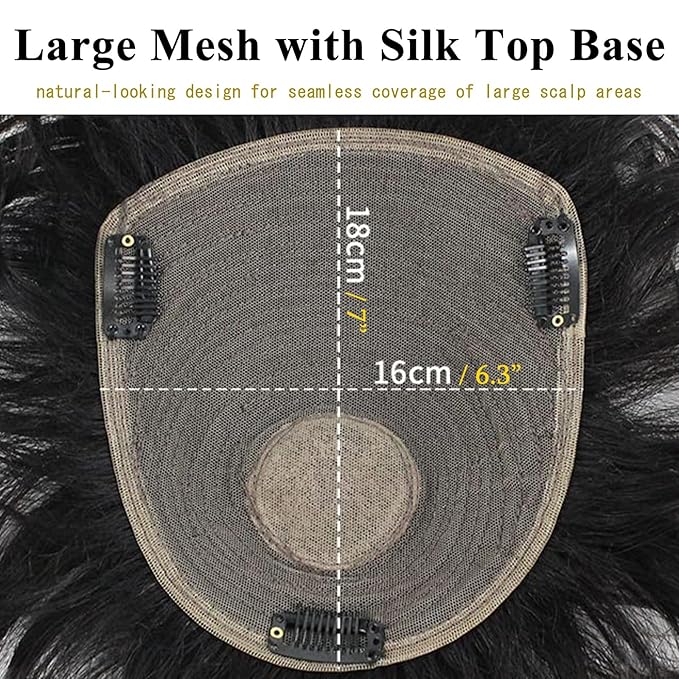 Short Human Hair Topper for Women with Hairloss,Invisible Clip in Short Curly Topper Hairpiece with Large Mesh 6.3x7 Ins and Silk Top Base Natural Fluffy Wiglet Hairpiece Dark Brown