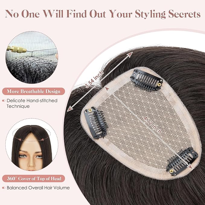 Hairro Human Hair Toppers Free Parted, 3.5x4.7" Base Hand-wovened 100% Real Hairpieces, with Invisible Clips-in for Women, for High Hairline/Adding Volume on Top, 12 Inch Light Natural Black