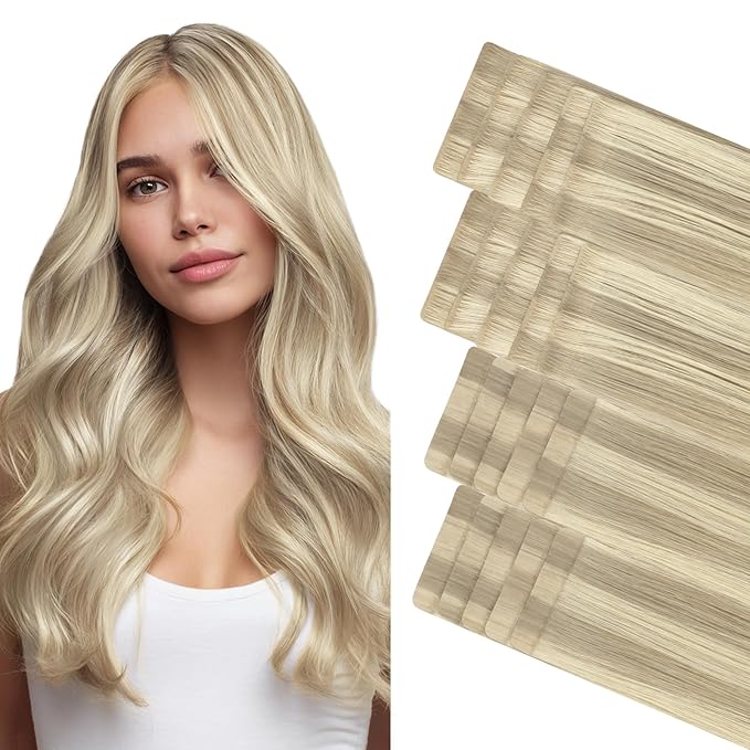 GOO GOO Invisi Edge Tape in Hair Extensions Human Hair, 17A/60A Ash Blonde Highlighted Platinum Blonde 10pcs injected with 10pcs classical tape ins, 16inch 50g, Virgin Remy Hair, Natural Look