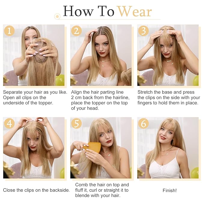 SEGO Hair Toppers for Women Real Human Hair With Bangs, 7 * 13CM Silk Base 100% Remy Human Hair Clip in Top Wiglet Hairpieces Add Volume -8 Inch Medium Brown