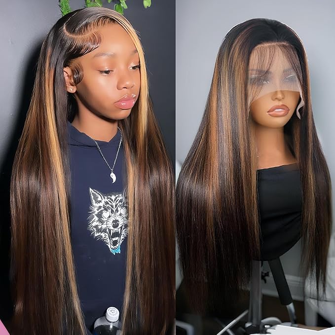 28 Inch Ombre Lace Front Wig Human Hair 1B/30 Highlight Straight Lace Front Wigs Human Hair Colored 13x4 Brown Wig Human Hair 200% Density Balayage Glueless HD Lace Frontal Wigs