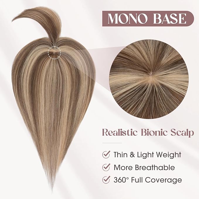 MY-LADY Human Hair Toppers for Women Real Human Hair with Bangs Thin 8.5 * 8.5CM Mono Base Clip in Remy Hairpieces Light Weight 12 Inch Medium Brown Mixed Dark Blonde
