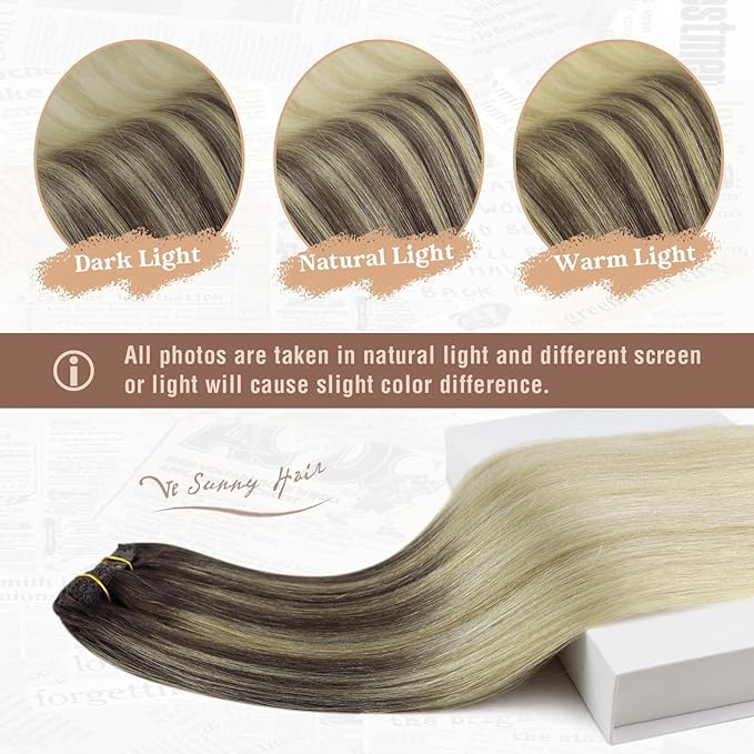 Ve Sunny Clip in Hair Extensions Real Human Hair Flexible Human Hair Clip in Extensions Ombre Hair Clip in Extensions Dark Brown Ombre Golden Blonde Mix Light Blonde Natural Look 7pcs 120g 18inch