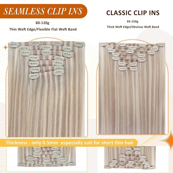 Full Shine Clip in Human Hair Extensions Ash Blonde Mix Platinum Blonde Seamless Clip in Hair Extensions Human Hair Straight Hair Invisible Soft with PU Weft 14 Inch 8 Pcs 120 G