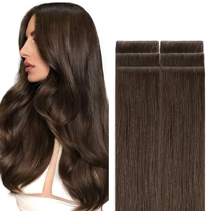 GOO GOO Invisi Edge Tape in Hair Extensions Human Hair, 4A Chocolate Brown, 6pcs 14inch 15g, Virgin Remy Hair, Seamless Injected Tape, Natural Look