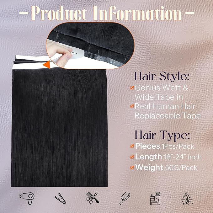 Full Shine Genius Weft Tape in Hair Extensions Color 1 Jet Black Wide Double Weft Tape in Extensions Real Human Hair Seamless Invisible PU Long Weft Hair Extensions 24Inch 50G Daily Office Look