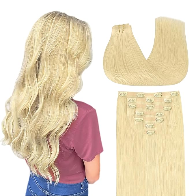 GOO GOO Clip in Hair Extensions Real Human Hair, Remy Human Hair Extensions Clip ins for Women, Natural Human Hair, 18inch 110g 7Pcs, 22F Light Golden Blonde