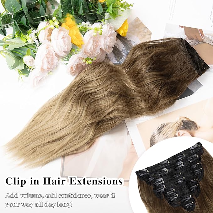 Clip in Hair Extensions for Women, 20 Inch 8PCS Long Wavy Omber Blonde Hair Extensions Clip Ins, Synthetic Soft Hairpieces for Women