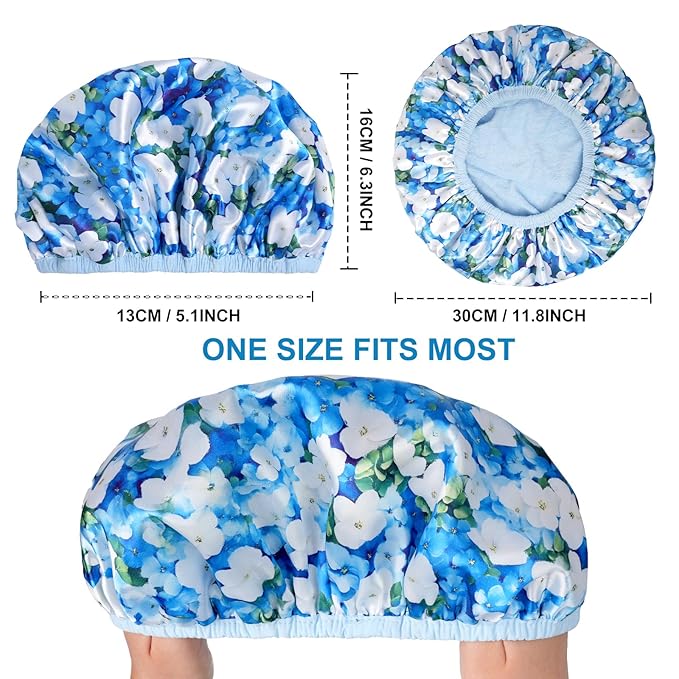 Upgraded Waterproof Terry Shower Caps, Reusable Shower Cap for Women with Long Hair, Soft Absorbent Hair-Protecting Towel Lining Bath Cap, Large Leak-Proof Hair Cap with Fashionable Print Outer-Blue