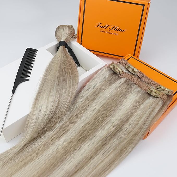 Full Shine Human Hair Clip in Extensions Golden Blonde Highlights Medium Blonde Seamless Hair Extensions Clip in Blonde Invisible Clip ins Natural 18 Inch 3 PCS 60 G