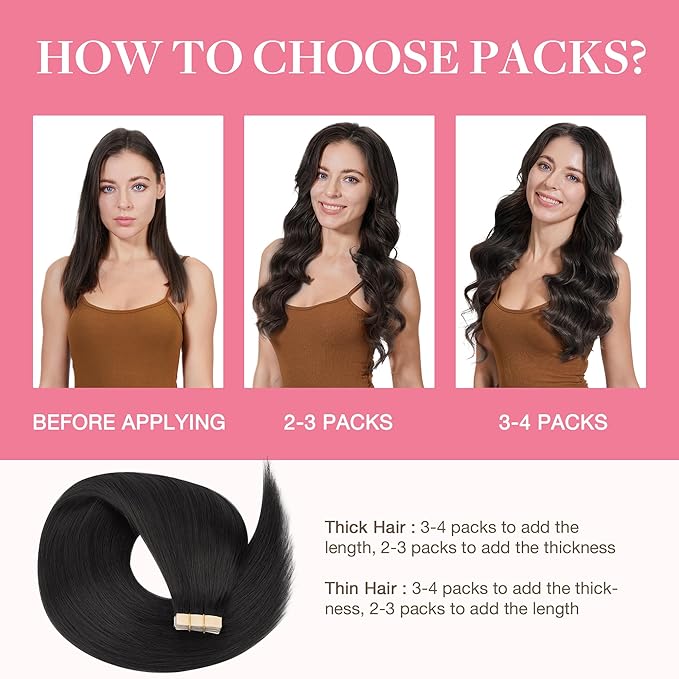 GOO GOO Tape in Hair Extensions Human Hair, 1B Natural black, 26inch 120g 40pcs, Skin Weft Seamless Invisible, Silky Straight with Thick Ends, Remy Human Hair
