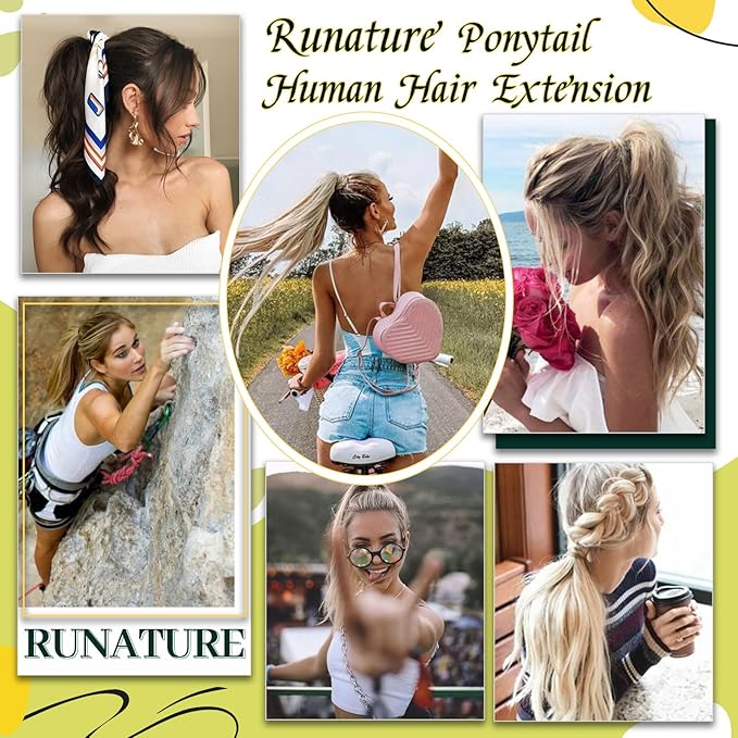 RUNATURE Ponytail Extension Human Hair, Blonde Real Hair Ponytail Extension, Wrap Around Human Hair Ponytail, Daily Wearing, Easy to Install, 18 Inch 80g #16P24 Golden Blonde Highlights
