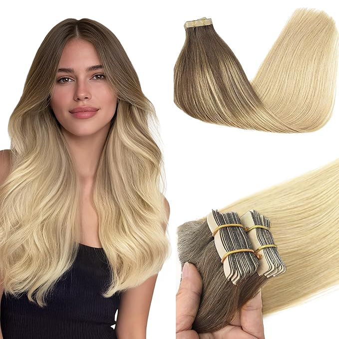 GOO GOO Tape in Hair Extensions Human Hair, 4/18 Balayage Chocolate Brown Highlighted Dirty Blonde, 16inch 50g 20pcs, Skin Weft Seamless Invisible, Silky Straight with Thick Ends, Remy Human Hair