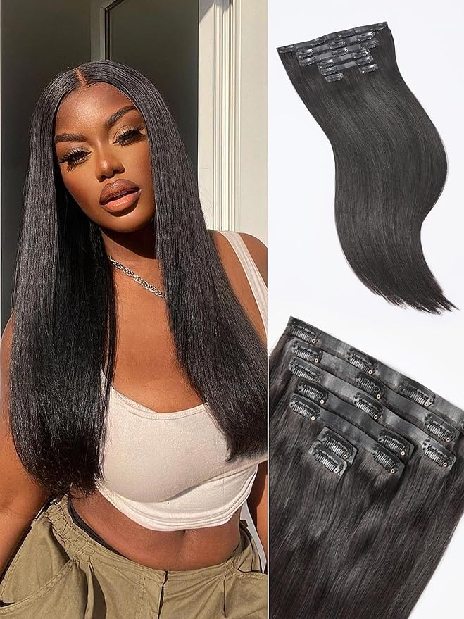 LUVME Yaki Straight Seamless 110g 7Pcs Clip in Hair Extensions Full Max with 14inch Remy Human Hair Extensions, Natural Black 100% Real Soft Hair