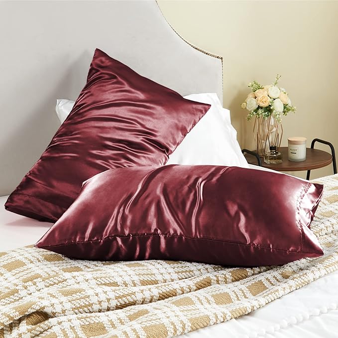 BEDELITE Satin Pillowcase for Hair and Skin, Super Soft and Cooling Similar to Silk Pillow Cases 2 Pack with Envelope Closure, Gift for Women Men(20"x30" Queen Size, Burgundy)