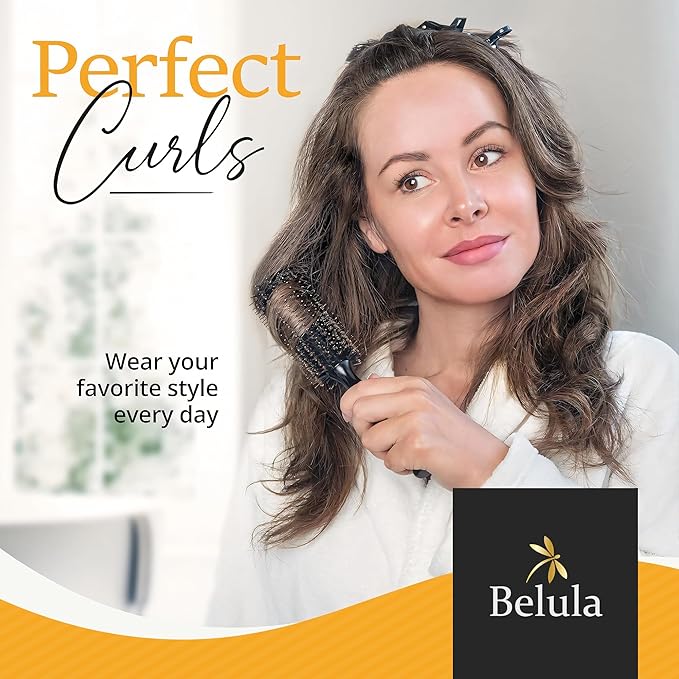 Boar Bristle Round Brush for Blow Out Set by Belula. Round Hair Brush For Blow Drying. Small 2” Wooden Barrel. Hairbrush Ideal to Add Volume and Body. Free 3 x Hair Clips & Travel Bag