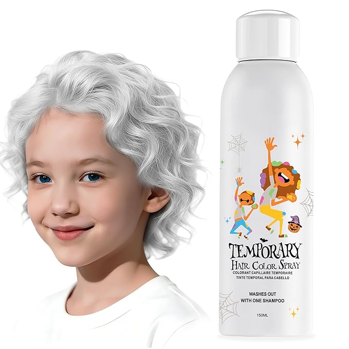 White Temporary Hair Color Spray for Kids, Silver Instant Colored Hair Dye Alternative for Boys Girls Teens Men Women, Quick Styling for Party Christmas Halloween, Disposable Washable, 150ml