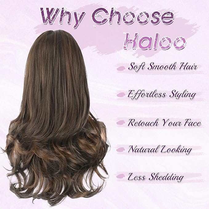Haloo Brown Auburn Wigs with Bangs Long Wavy Layered Haircut Natural Looking Fluffy Synthetic Heat Resistant Hair Wig for Women Daily Party, 24 Inch Brown Mixed Auburn