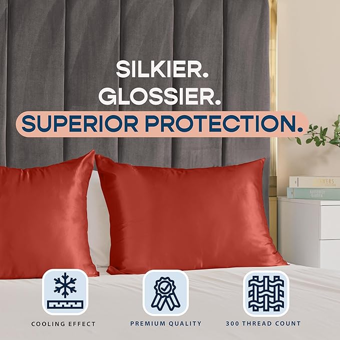 BLISSFORD Satin Pillowcase with Zipper, for Hair and Skin Care, Feels Soft and Cool Like a Silk Pillowcase, Satin Pillow Cases 2 Pack, Slik Pillow Cover, Rust - King Size, Set of 2