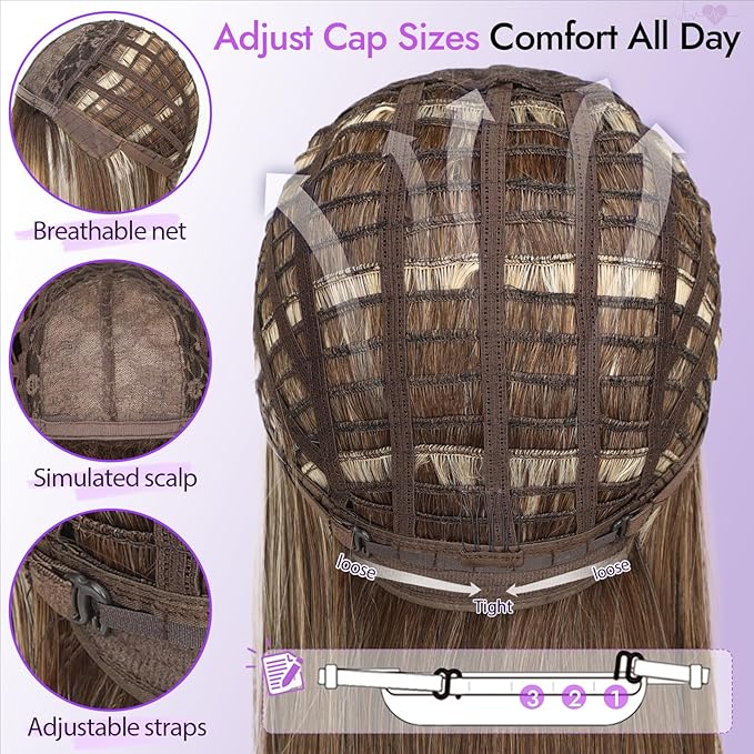 Wig with Bangs for Women Brown Straight Face-Framing Layers Hairstyle 4x4 Realistic Scalp Glueless Synthetic Wigs Medium Length for Everyday Use