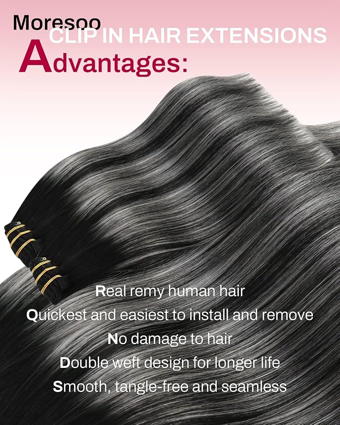 Moresoo Clip on Hair Extensions Balayage Remy Double Weft Human Hair Extensions Clip ins Natural Black to Silver 20inch 150Grams 7pcs