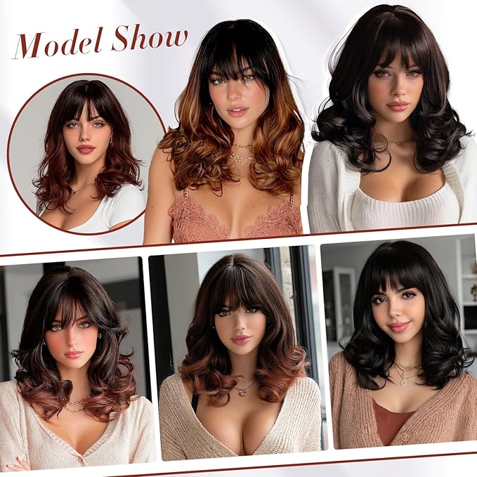 Wig with Bangs for Women | 16 Inch Layered Body Wave Synthetic Wig | Heat Resistant Yaki Fiber Natural Looking Shoulder Length Wigs | Synthetic Wig for Daily Wear - Ombre Black to Copper Brown