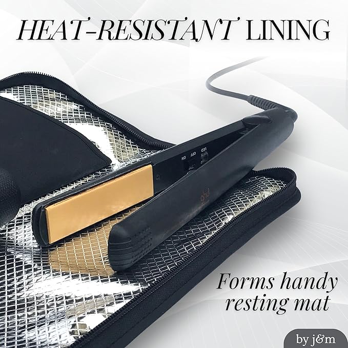 Flat Iron Hair Straightener Silicone Mat & Pouch Pack by j&m - with Heat Proof Mat for Curling Tongs/Wands/Irons - Fits ghd, BaByliss & Larger Straighteners - Zip-Up All-in-One Compact Travel Case