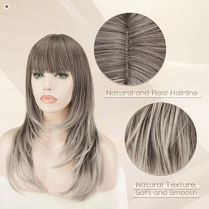 SOFEIYAN Long Straight Layered Wig with Bangs 24 Inch Synthetic Natural Hair Wig Soft Heat Resistant Long Wigs for Women Daily Party Use