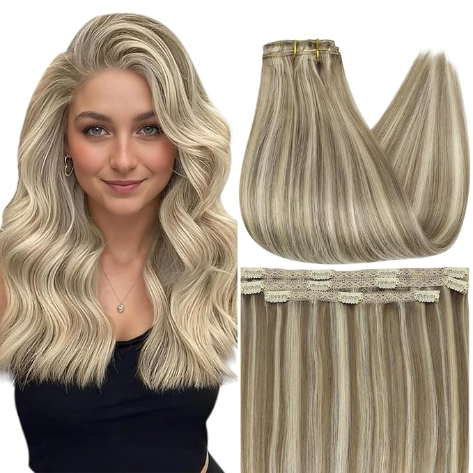 Full Shine Blonde Extensions Clip in 16 Inch Clip in Hair Extensions Real Human Hair Lace Weft Brown and Blonde Highlight Hair for Thin Hair 3 PCS 60 Grams