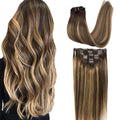 GOO GOO Clip in Hair Extensions Real Human Hair, Remy Human Hair Extensions Clip ins for Women, Natural Human Hair, 22inch 120g 7Pcs, 4/27/4 Balayage Chocolate Brown to Caramel Blonde