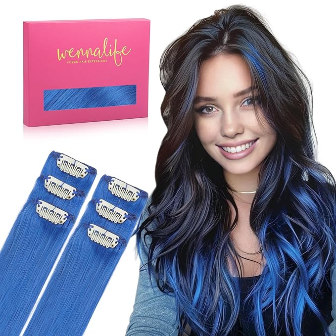 WENNALIFE Blue Clip in Hair Extensions Real Human Hair 35g 6pcs 24 Inch Colored Hair Extensions for Kids Women Colorful Hair Pieces Pop-up Style Straight Extensiones De Cabello Humano Con Clip