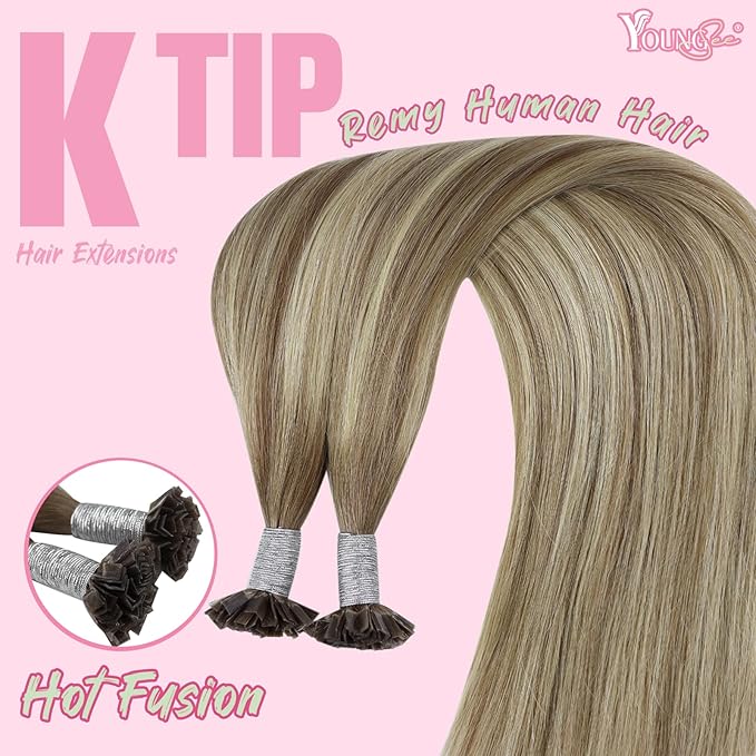 YoungSee K Tip Hair Extensions Real Human Hair Ombre Light Brown and Blonde Ktip Real Hair Extensions 1G/S 50G 22In