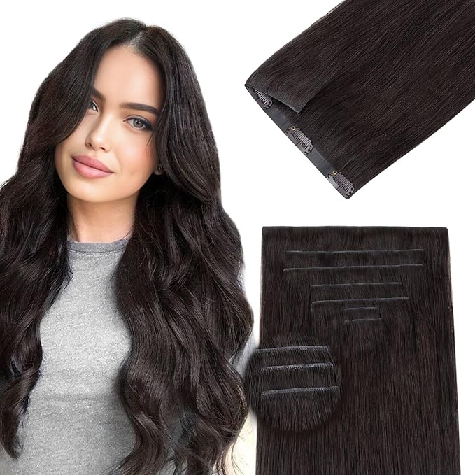 DOORES Hair Extensions Real Human Clip in 14 inch 100g 7pcs Invisi Edge, Seamless Clip in Hair Extensions Invisible Clipins Virgin Injected Skin Weft, 2 Dark Brown