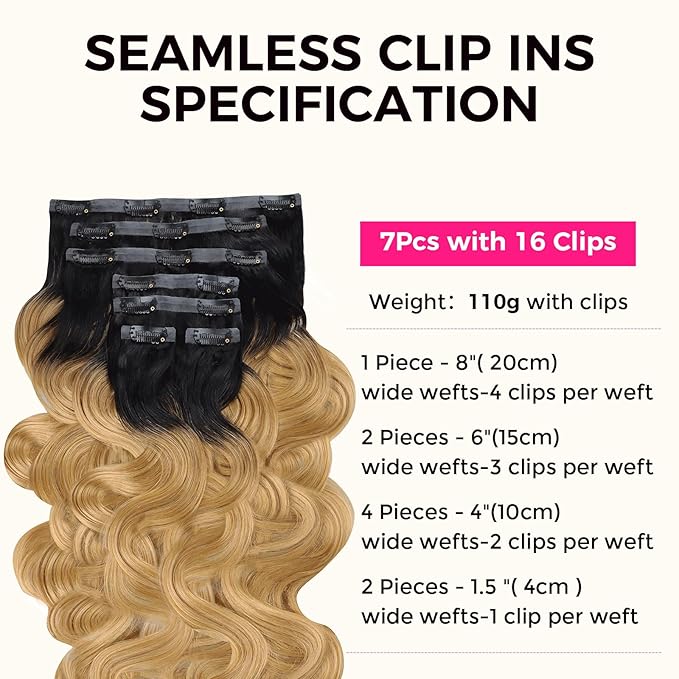 Lashey Seamless Clip in Hair Extensions Human Hair 110g 7pcs Ombre Natural Black to Honey Blonde Hair Extensions Clip ins with PU Invisi Edge 20 Inch Body Wave