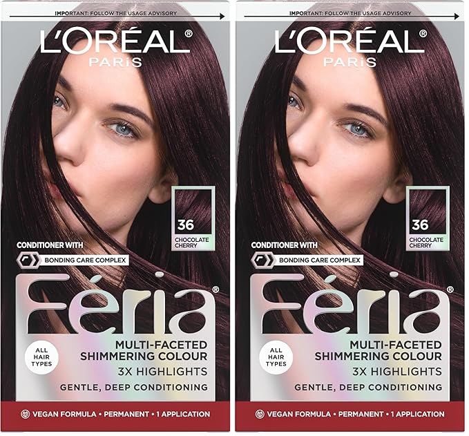 L'Oreal Paris Feria Multi-Faceted Shimmering Permanent Hair Color, 36 (Chocolate Cherry) Deep Burgundy Brown, Pack of 2 Hair Dye Kit