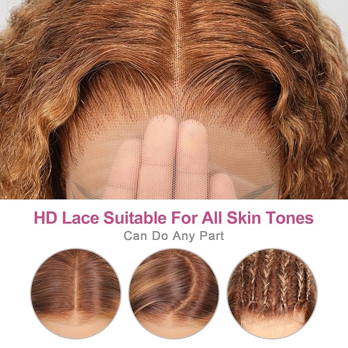 210% Density 13x6 Highlight Ombre Full Lace Frontal Wigs Human Hair 12A Deep Wave Brazilian Human Hair Pre Plucked 4/27 Honey Blonde HD Glueless Transparent Lace 30 Inch