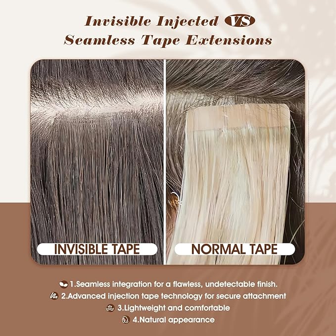 Full Shine Seamless Injected Tape in Hair Extensions 24 Inch Invisible Machine Remy Tape in Virgin Hair Extensions Color Blonde for Wedding Add Length 25G 10Pcs